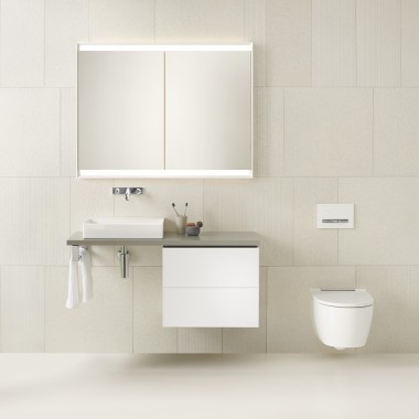 Valge vannituba koos pesuruumi ja WC-ga firmalt Geberit ONE (© Geberit) Valge vannituba koos pesuruumi ja WC-ga firmalt Geberit ONE (© Geberit)