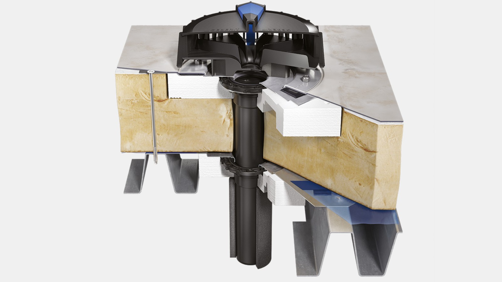 Geberit Pluvia sissevool termokatusel aurutõkkeühenduse ja katusekilega vettjuhtiva tasapinnana